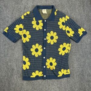 Massive Luxury Mens Floral Knit Button Up Shirt Navy Yellow Daisy Polo Large
